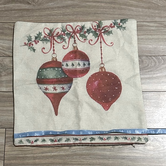 17” Square Zip On Christmas Burlap Red & Green Holiday Ornaments Pillow Cover - Picture 2 of 5